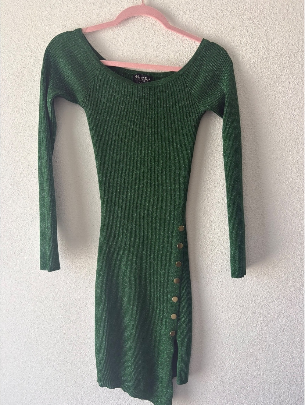 Jolie & Joy Green Ribbed Knit Long Sleeve Bodycon Dress with Side Buttons